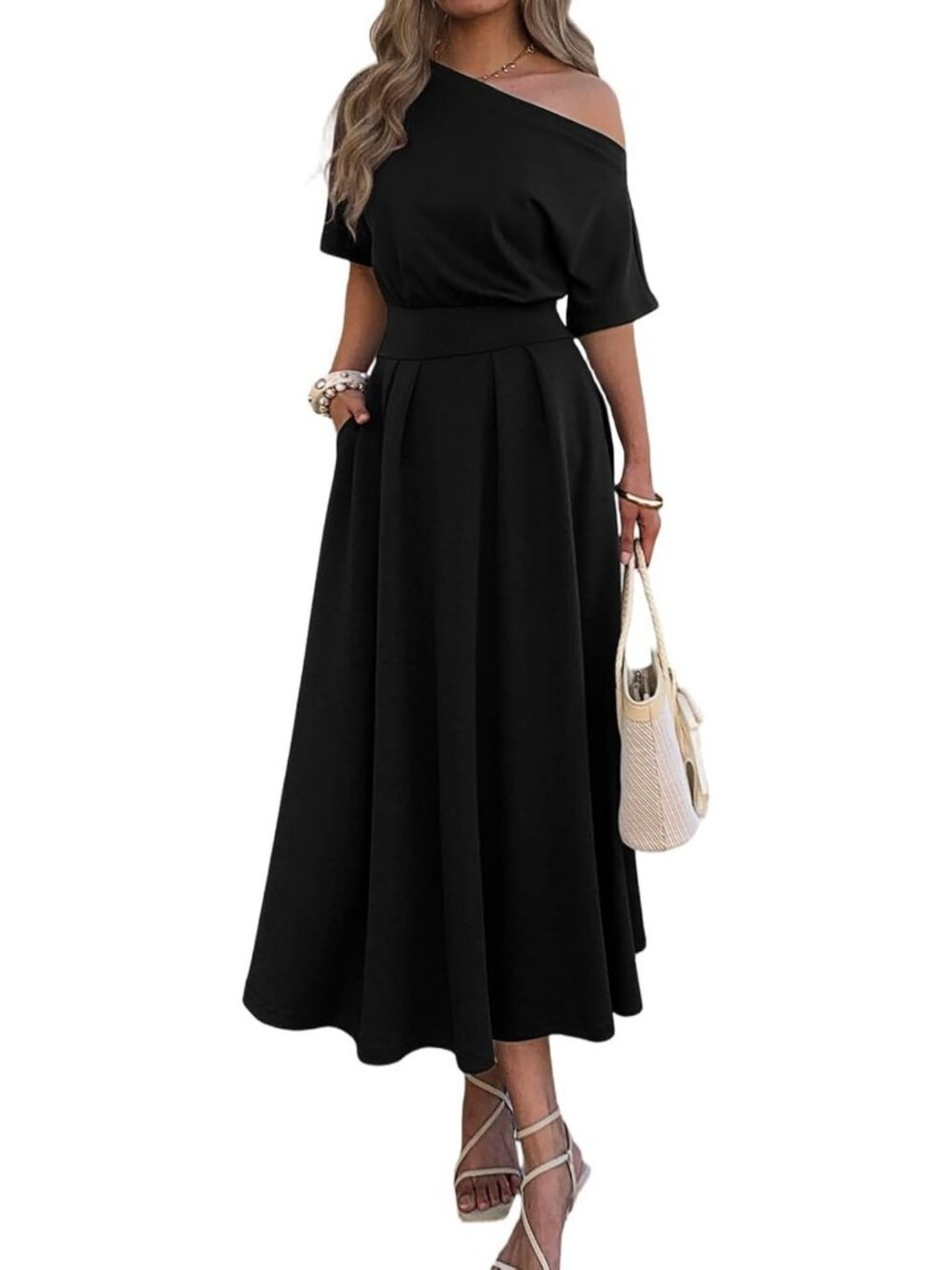 Elegant One Shoulder Maxi Dress with Pockets | Empire Waist Women's Fashion